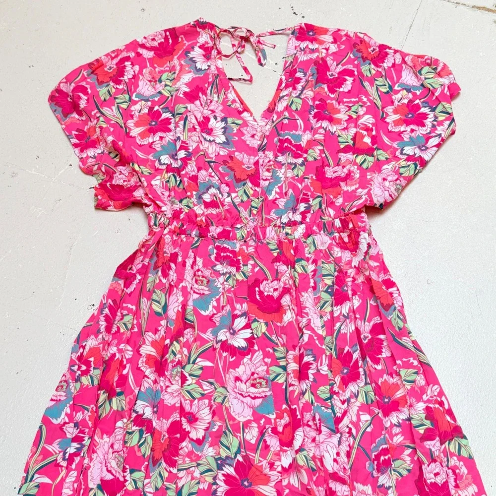 Gap Womens Medium Maxi Dress Pink Tropical Floral Kimono Style Sleeves Cottage